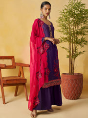 Elegant Purple Embroidered Organza Festival Wear Palazzo Suit