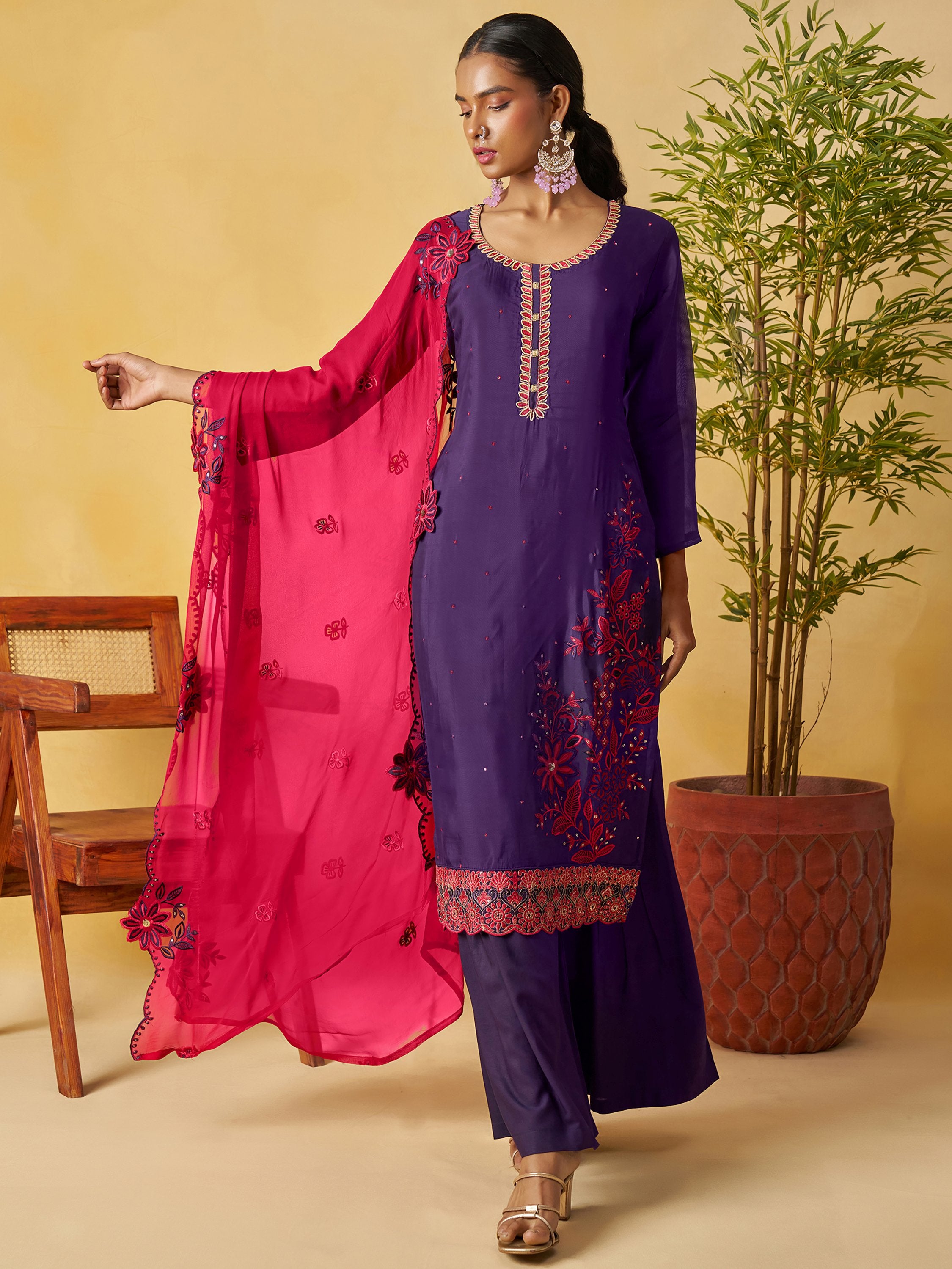 Elegant Purple Embroidered Organza Festival Wear Palazzo Suit