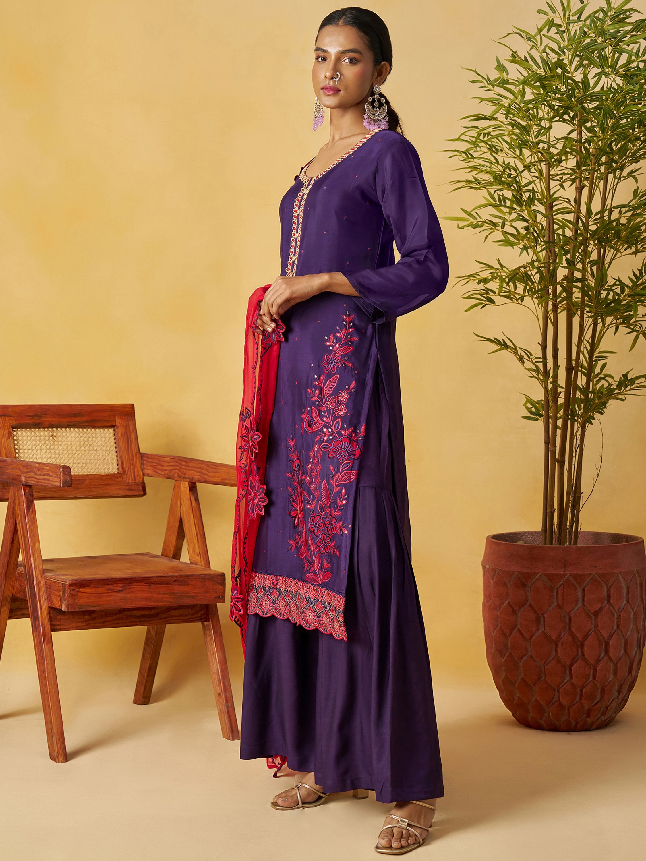 Elegant Purple Embroidered Organza Festival Wear Palazzo Suit