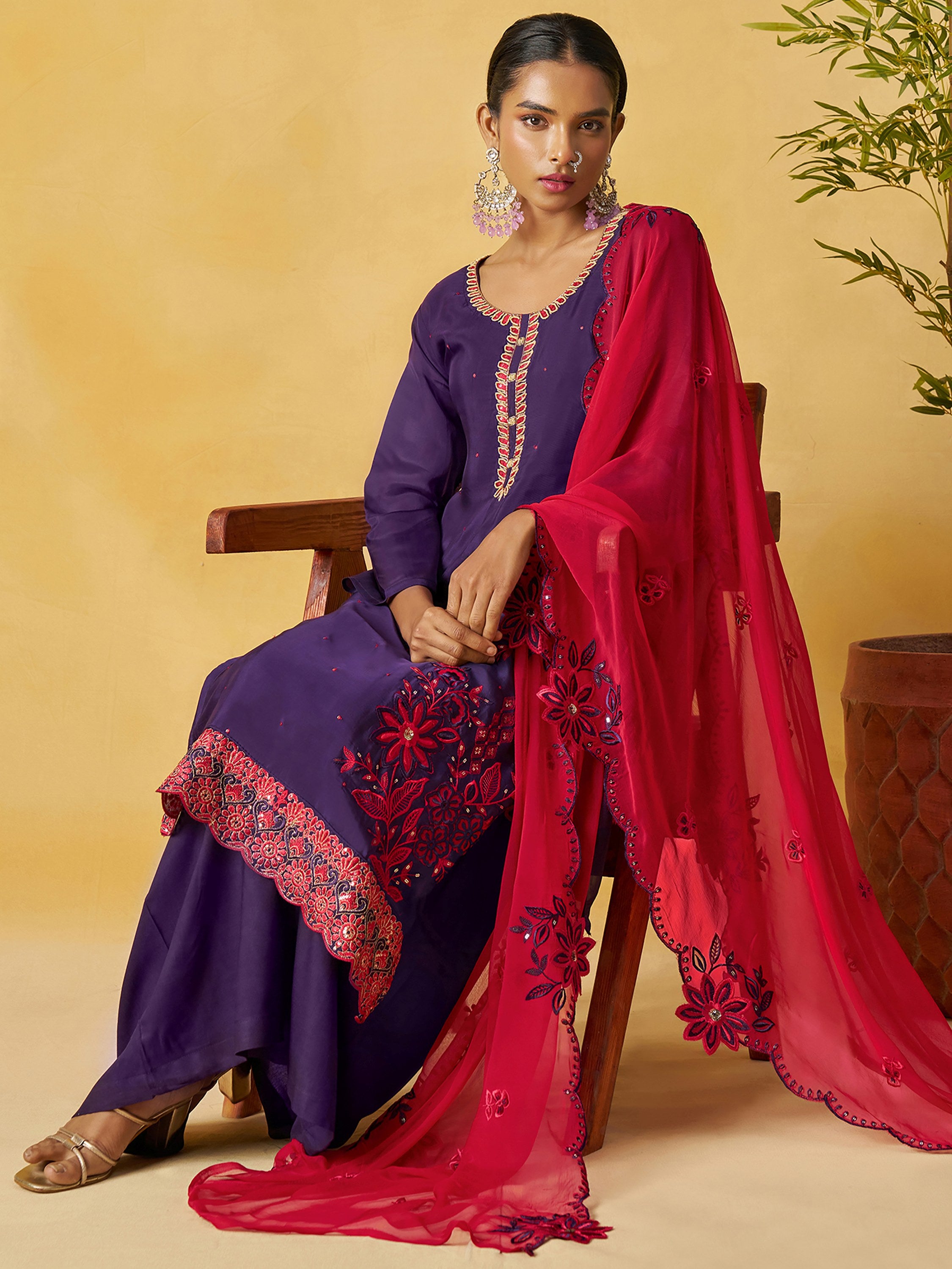 Elegant Purple Embroidered Organza Festival Wear Palazzo Suit