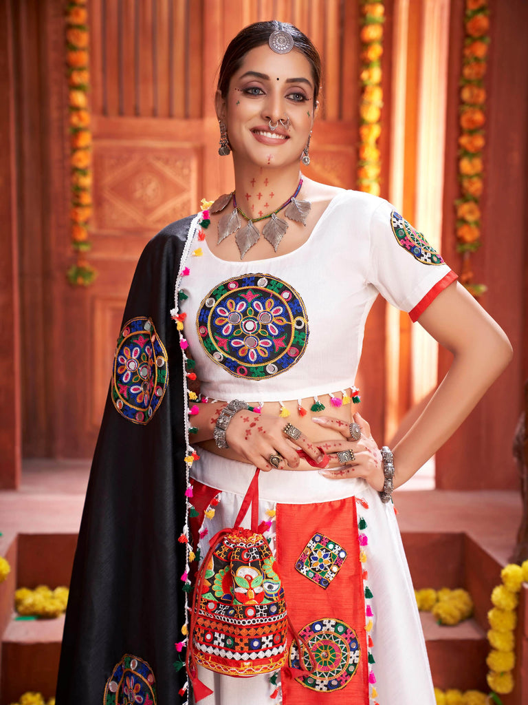Graceful White Gamthi Work Silk Traditional Wear Rajwadi Ghaghra