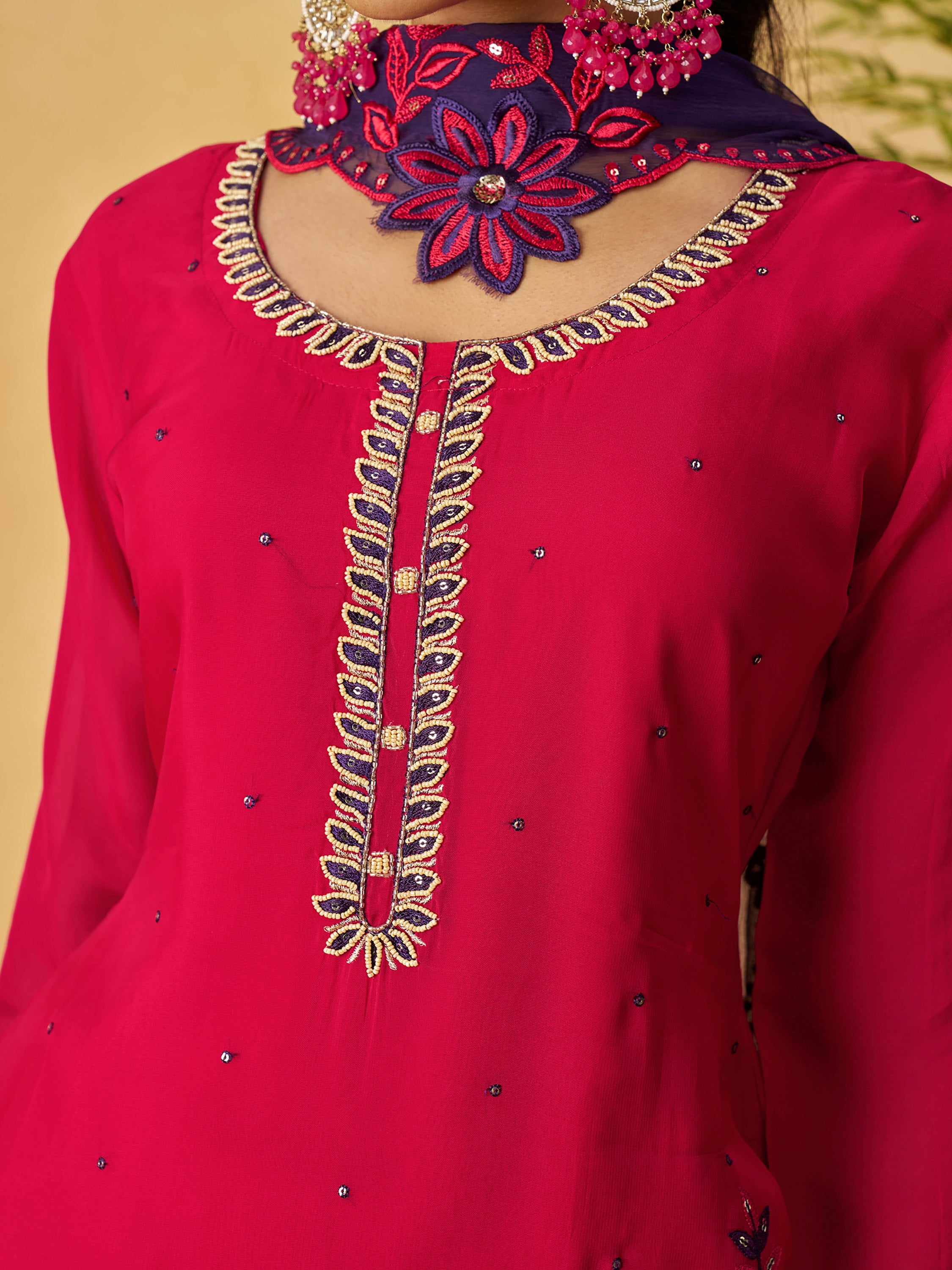 Graceful Pink Embroidered Organza Function Wear Palazzo Suit