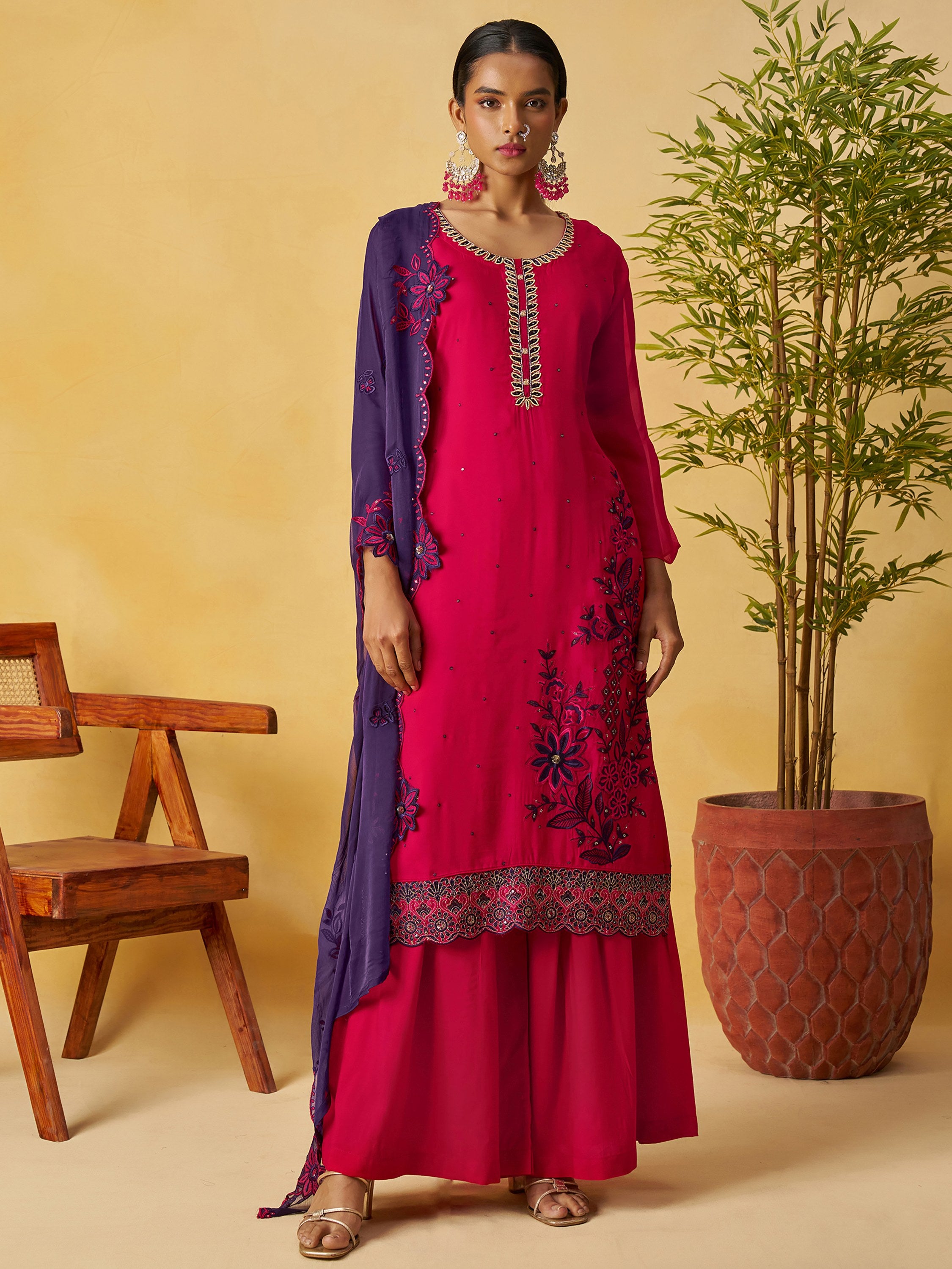 Graceful Pink Embroidered Organza Function Wear Palazzo Suit
