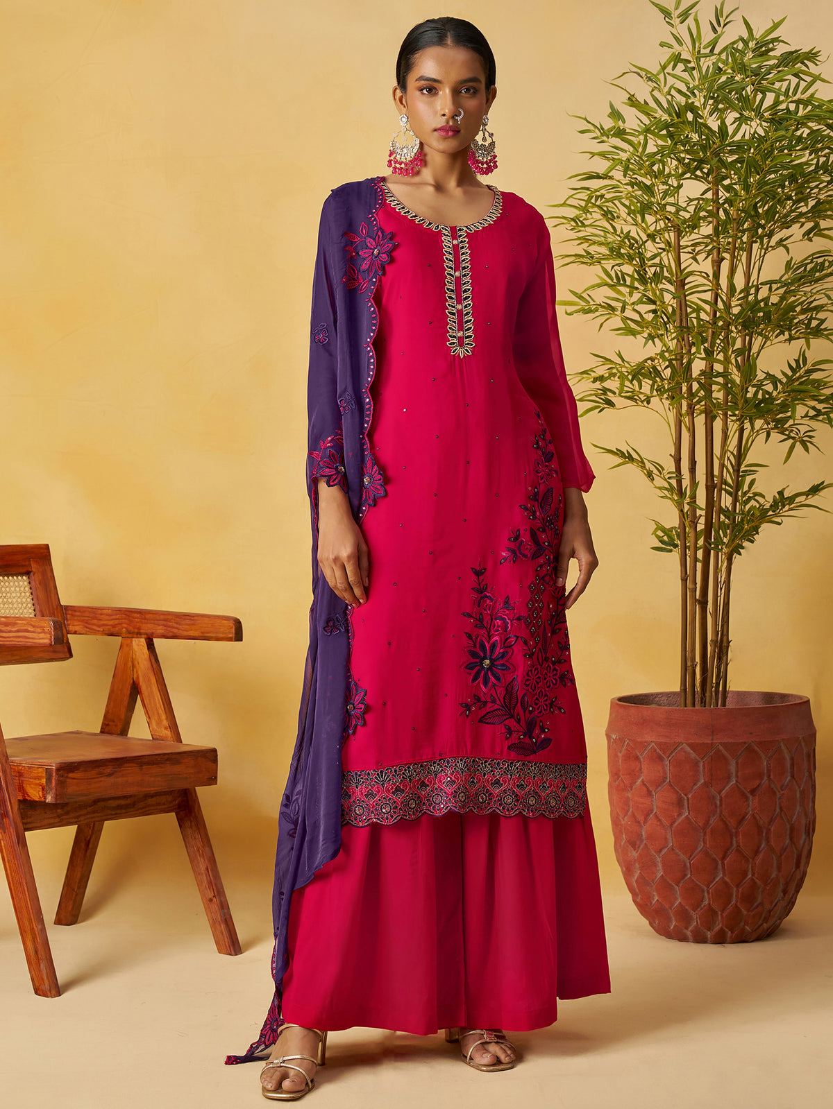 Graceful Pink Embroidered Organza Function Wear Palazzo Suit