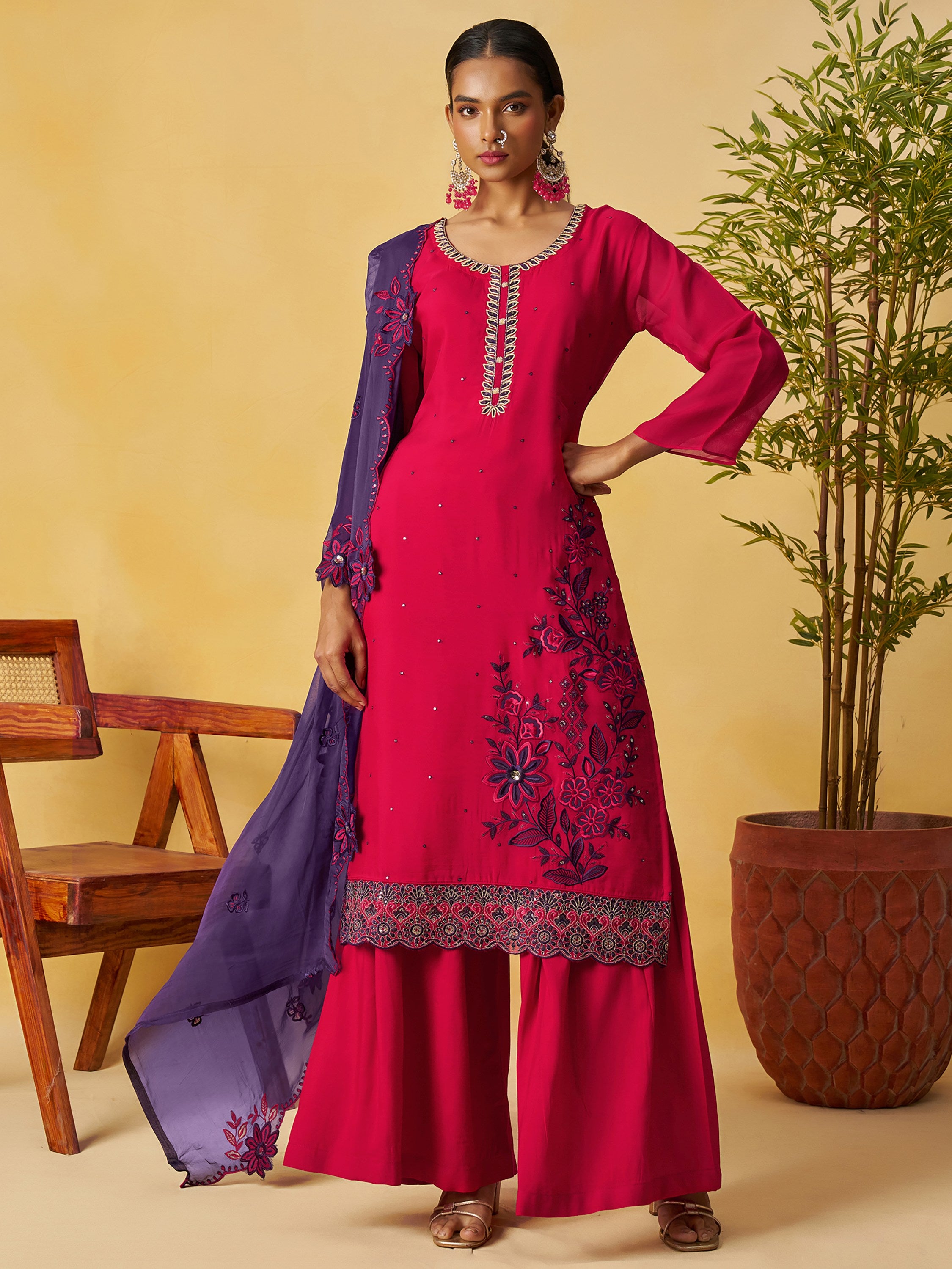 Graceful Pink Embroidered Organza Function Wear Palazzo Suit
