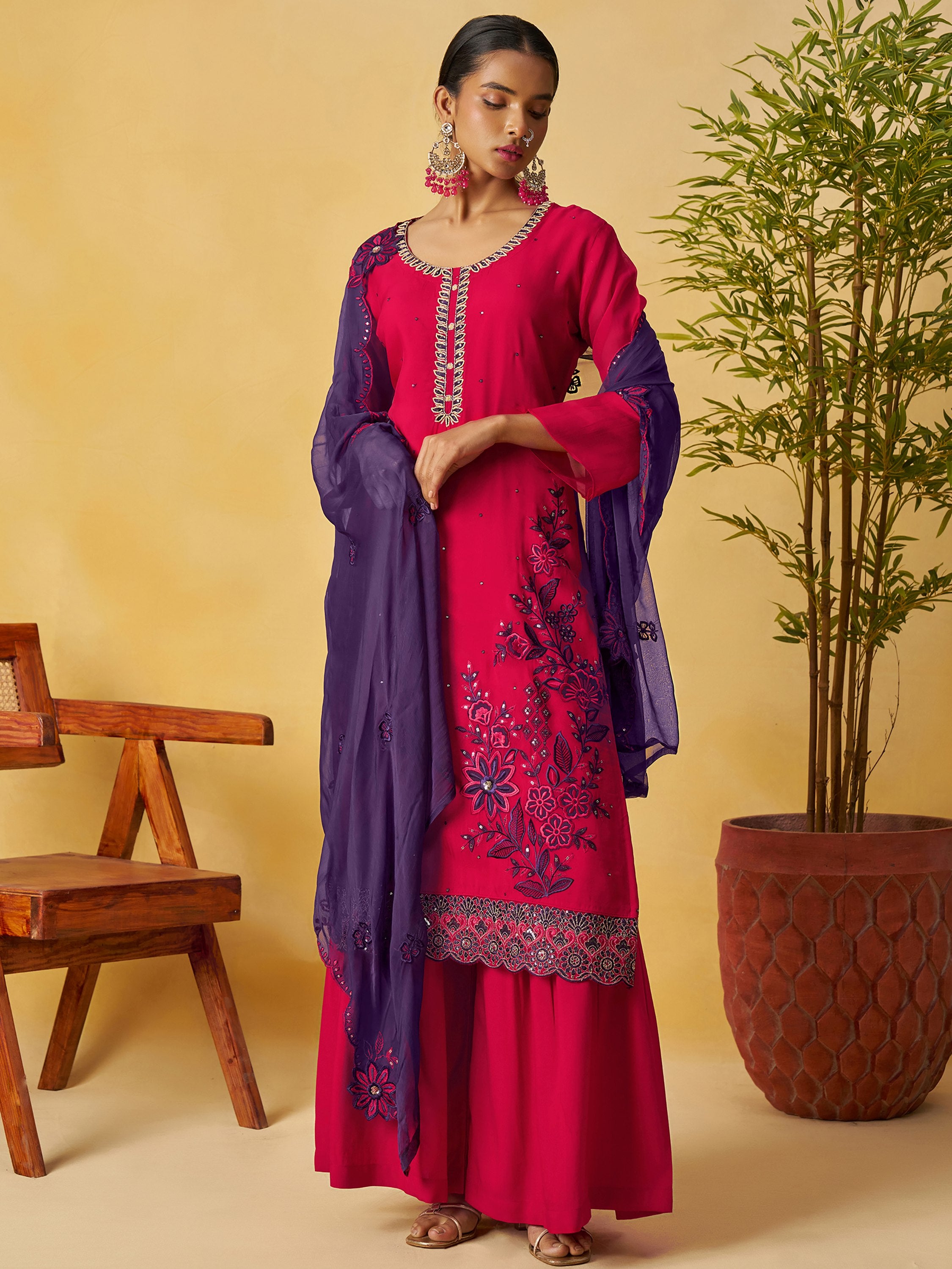 Graceful Pink Embroidered Organza Function Wear Palazzo Suit