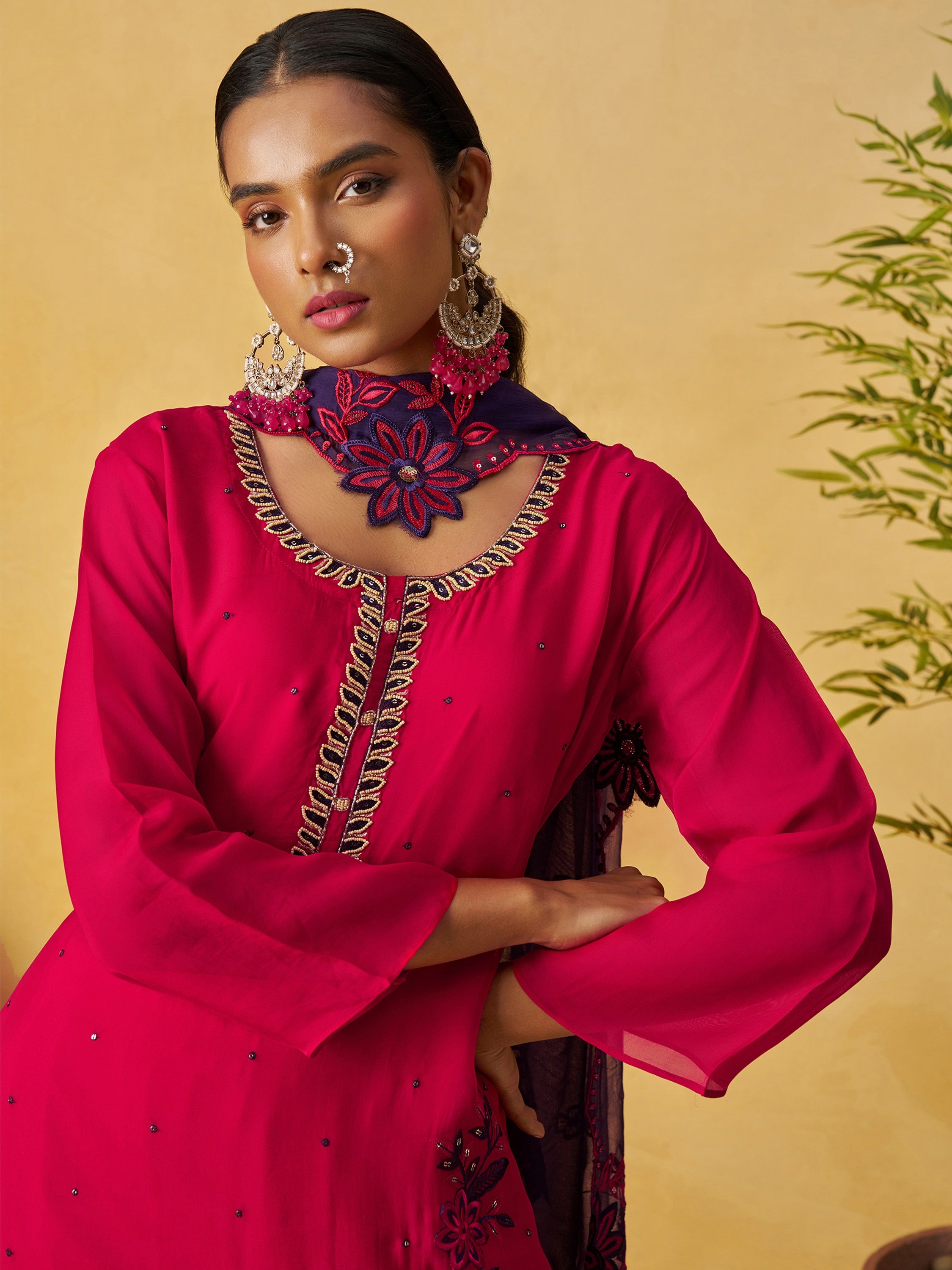 Graceful Pink Embroidered Organza Function Wear Palazzo Suit