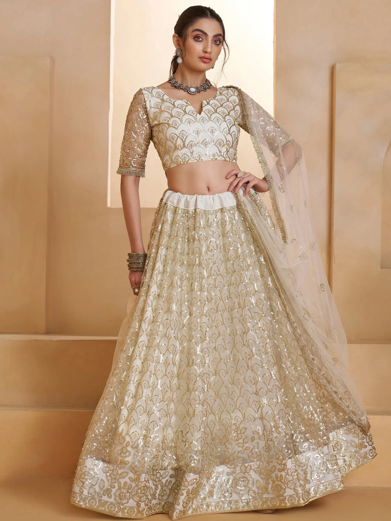 Shiny Off White Sequins Net Party Wear Lehenga Choli With Dupatta