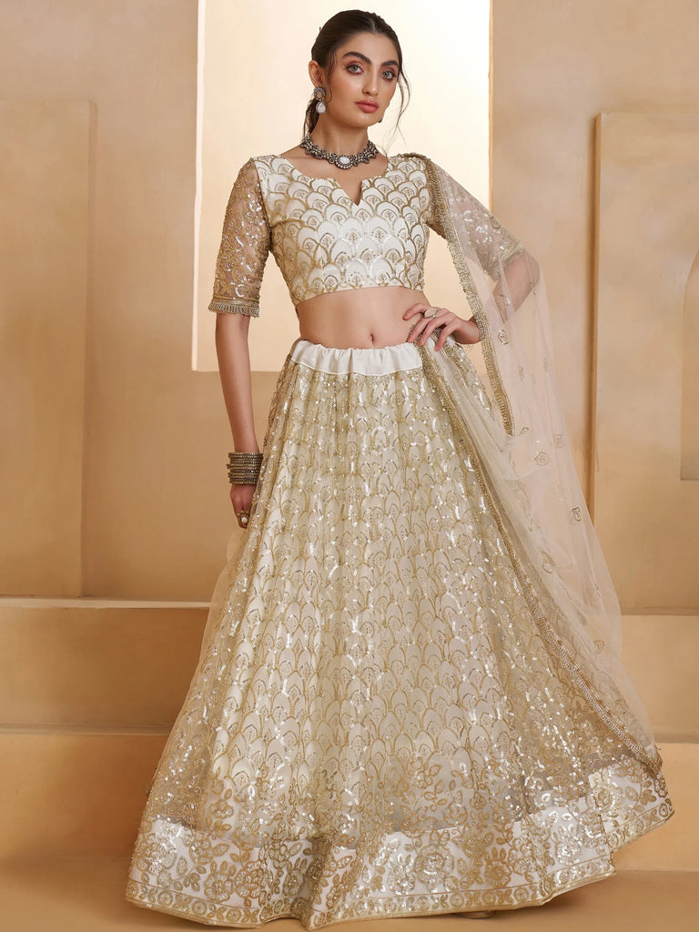 Shiny Off White Sequins Net Party Wear Lehenga Choli With Dupatta