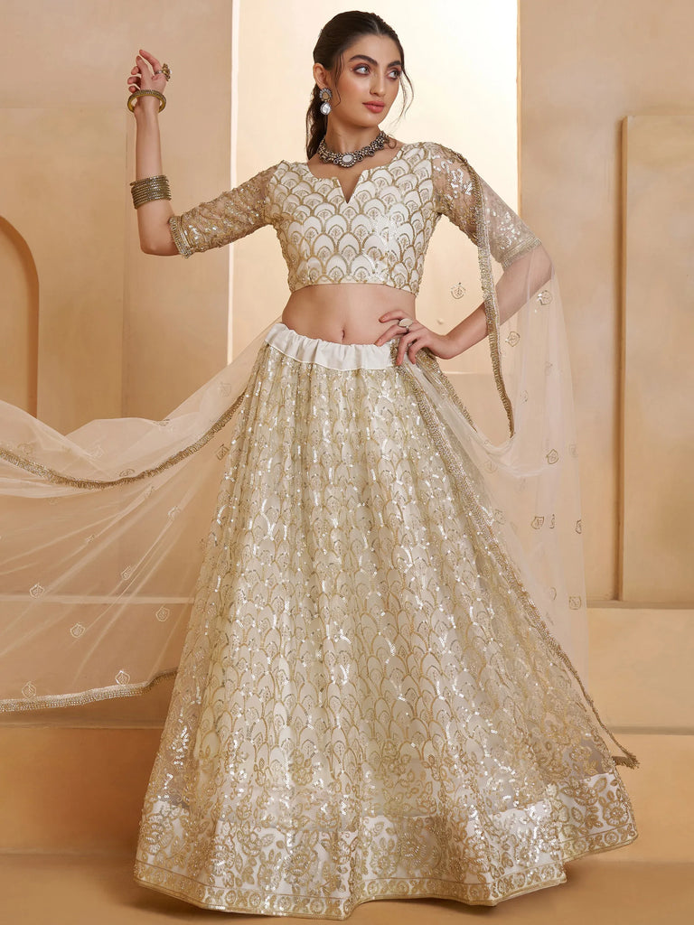 Shiny Off White Sequins Net Party Wear Lehenga Choli With Dupatta
