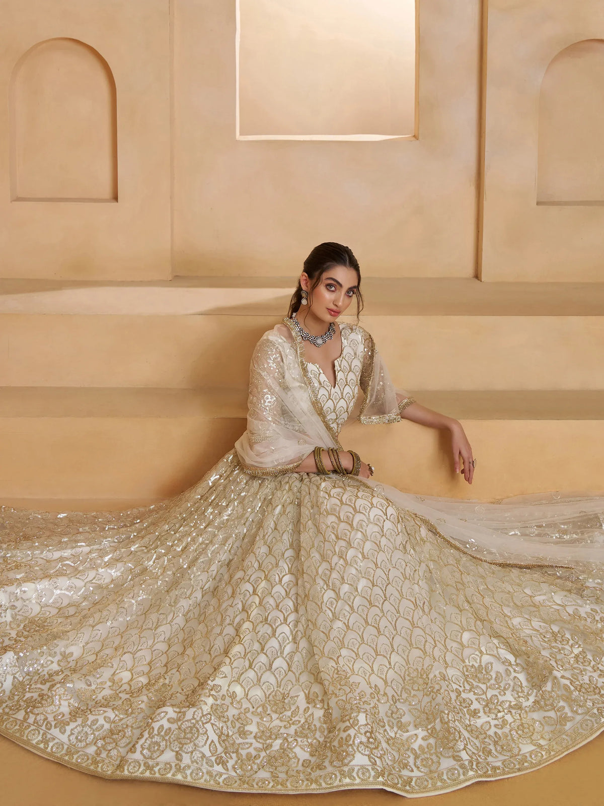 Shiny Off White Sequins Net Party Wear Lehenga Choli With Dupatta
