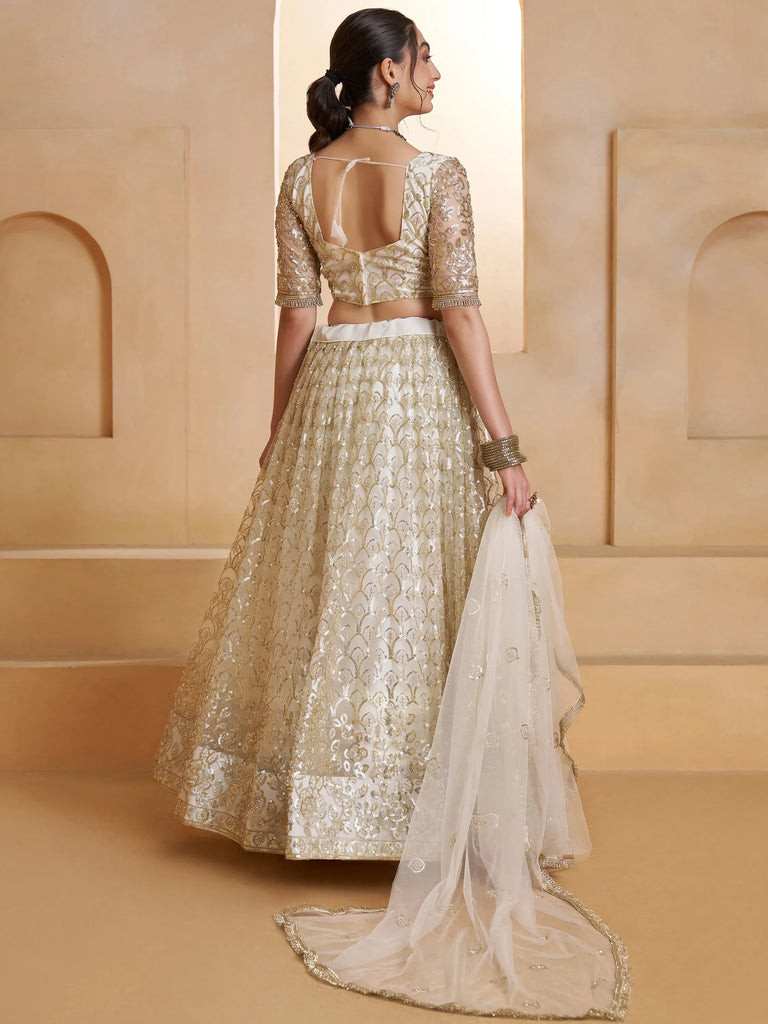 Shiny Off White Sequins Net Party Wear Lehenga Choli With Dupatta