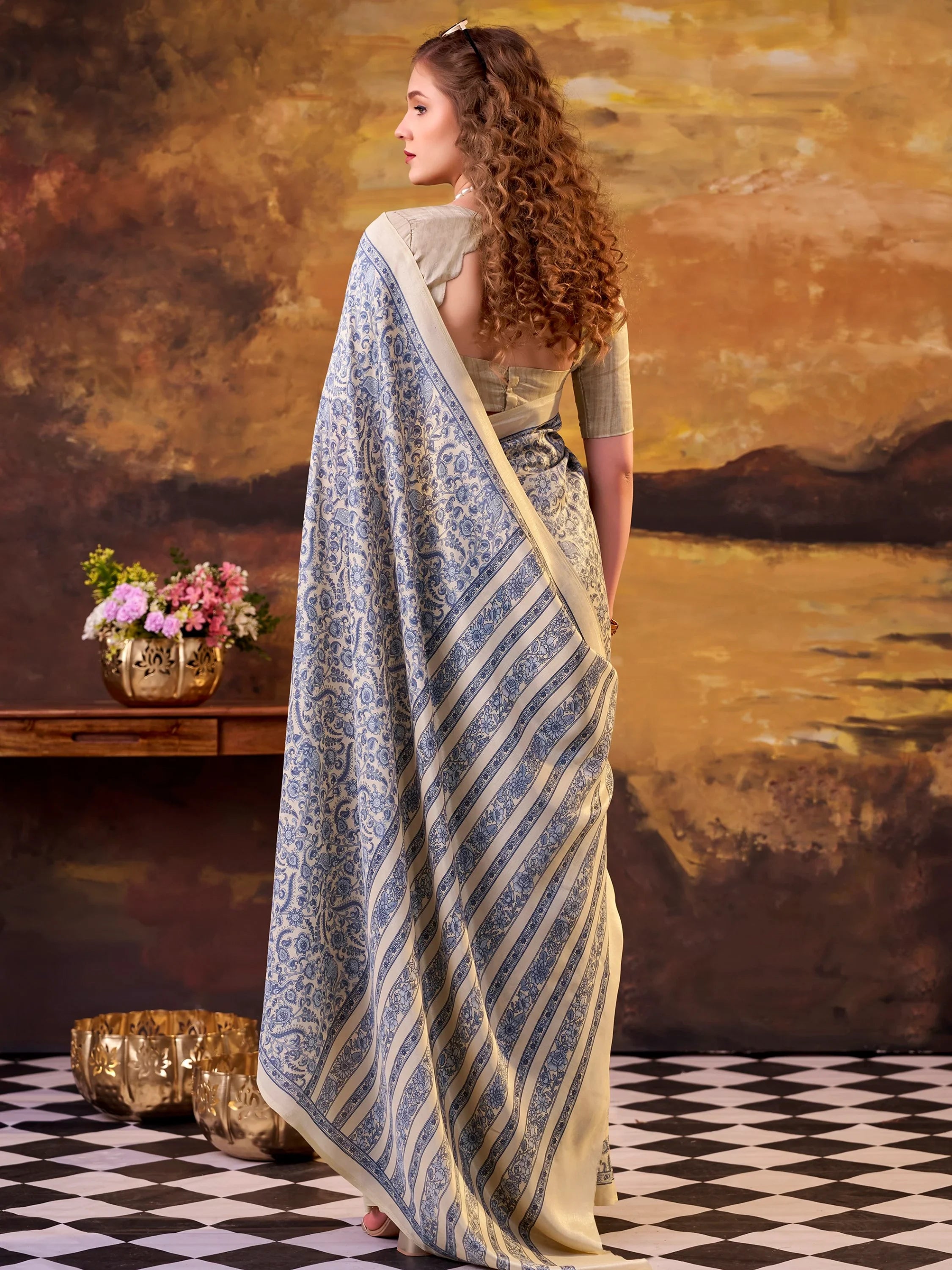 Great Blue Digital Printed Tussar Silk Casual Wear Saree With Blouse