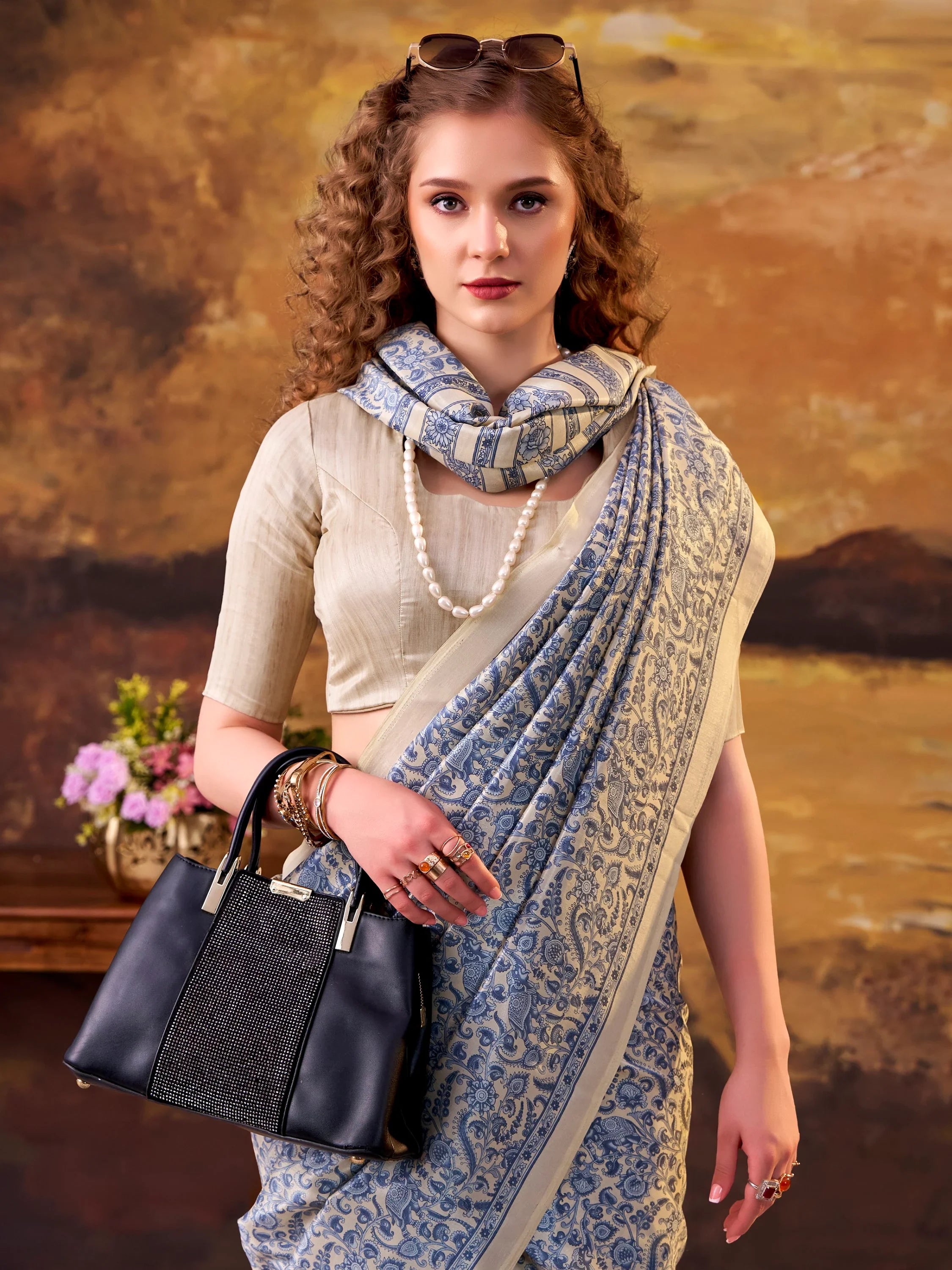 Great Blue Digital Printed Tussar Silk Casual Wear Saree With Blouse
