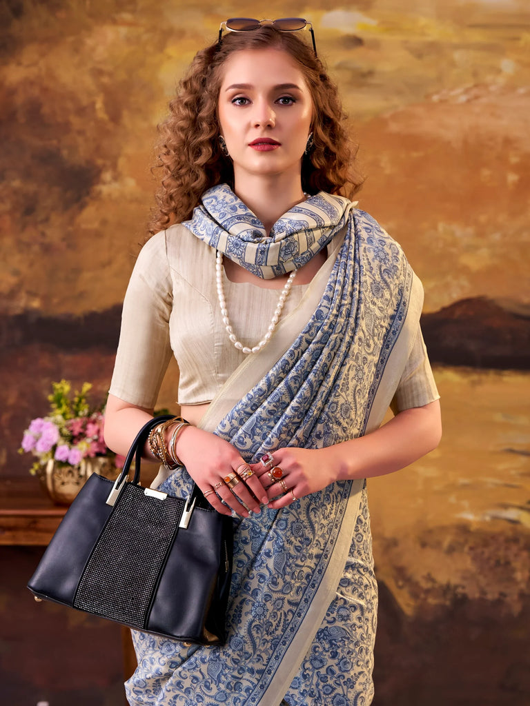 Great Blue Digital Printed Tussar Silk Casual Wear Saree With Blouse