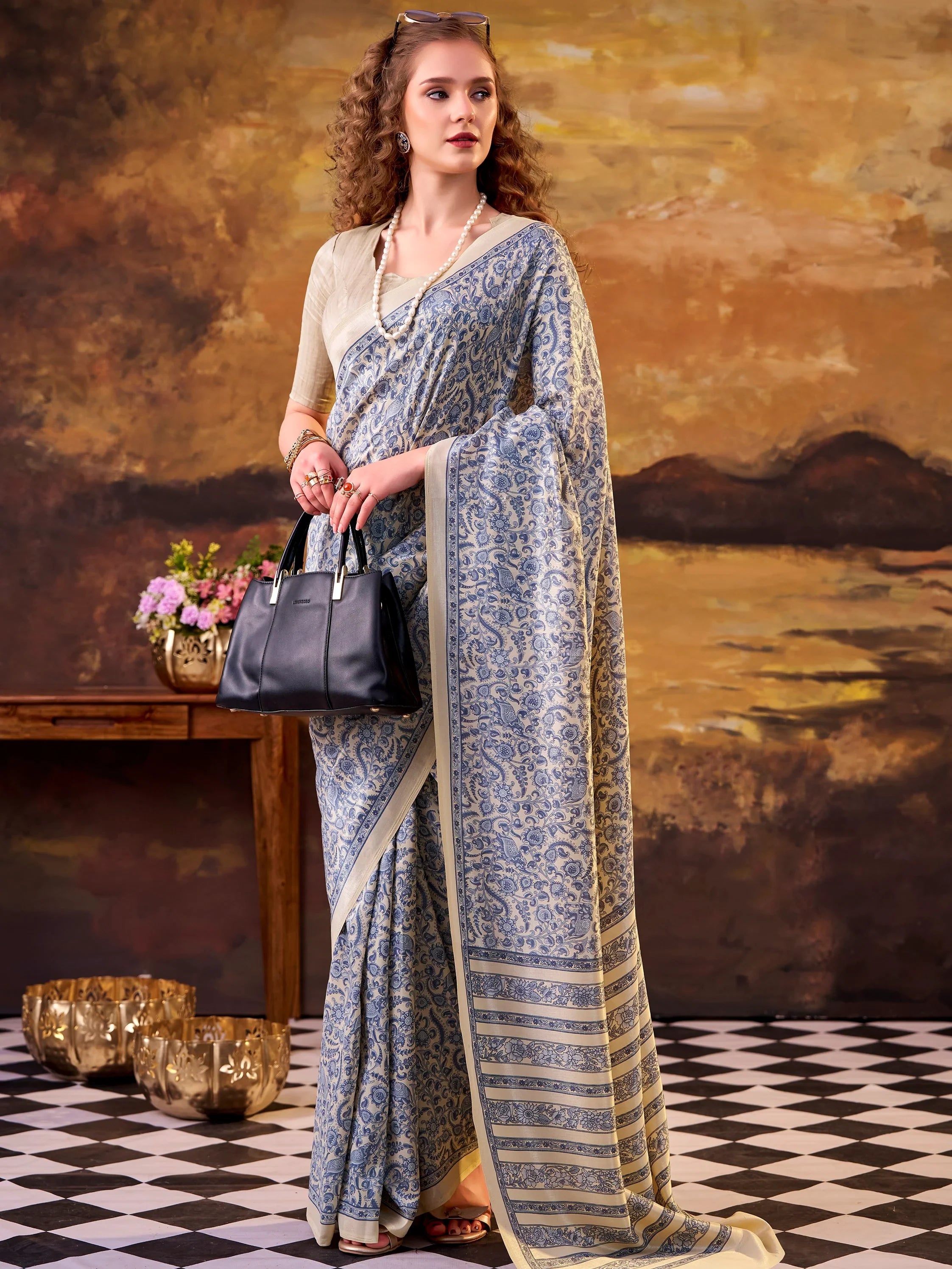 Great Blue Digital Printed Tussar Silk Casual Wear Saree With Blouse