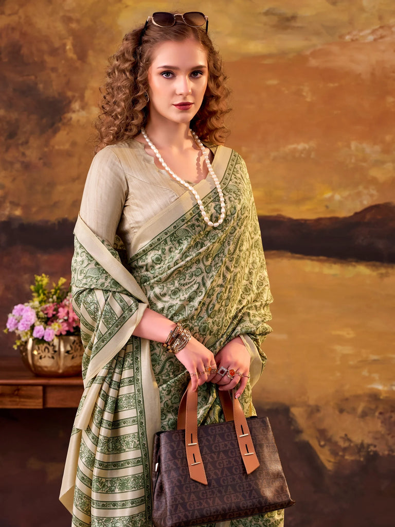 Fabulous Green Printed Tussar Silk Office Wear Saree With Blouse
