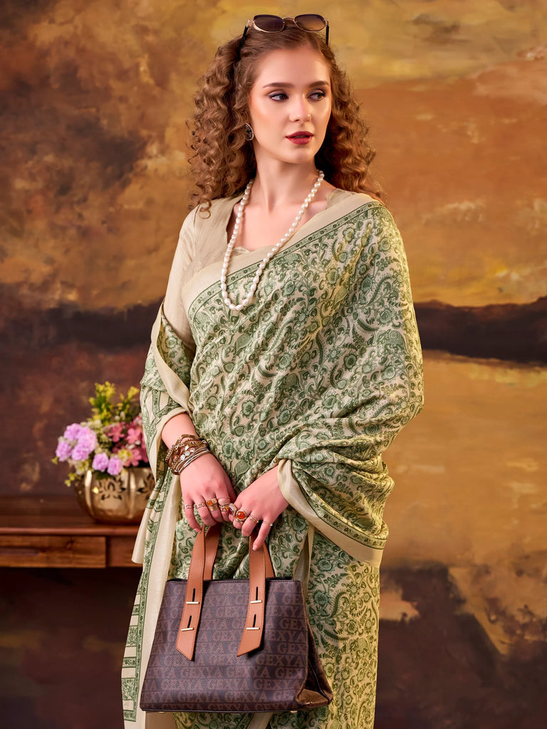 Fabulous Green Printed Tussar Silk Office Wear Saree With Blouse