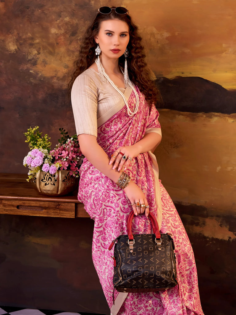 Pretty Pink Printed Tussar Silk Daily Wear Saree With Blouse