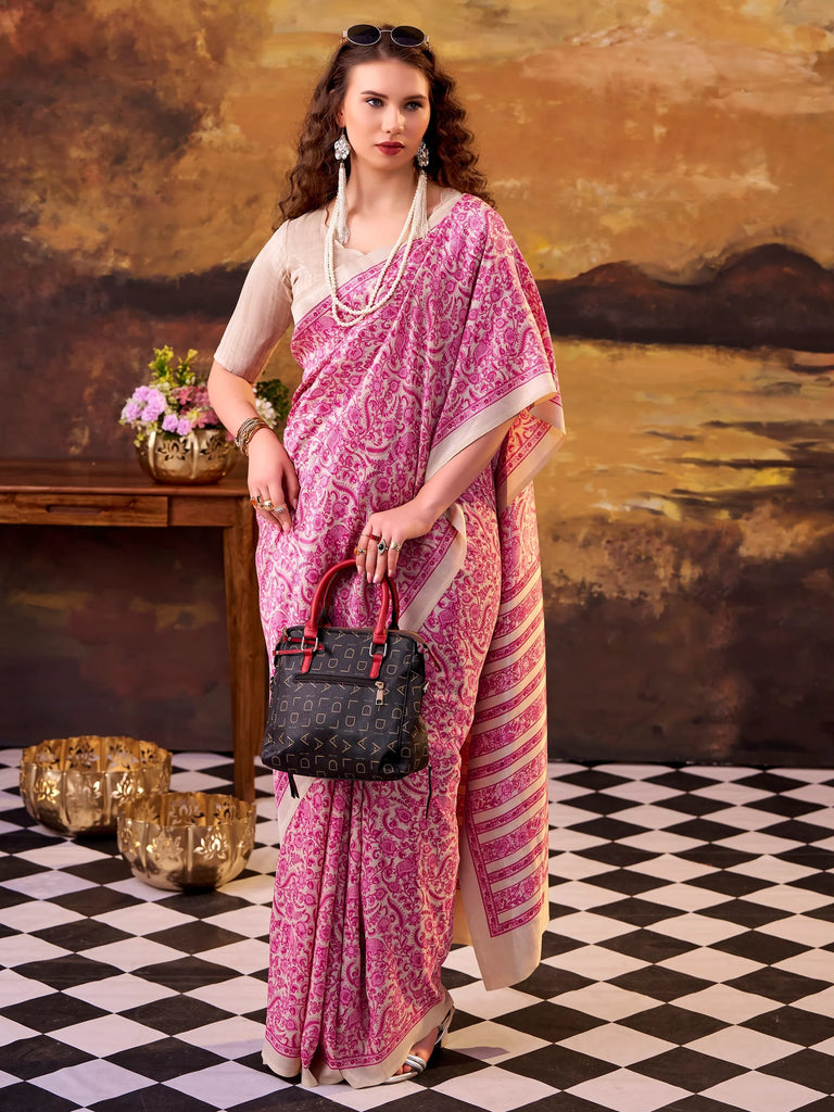 Pretty Pink Printed Tussar Silk Daily Wear Saree With Blouse
