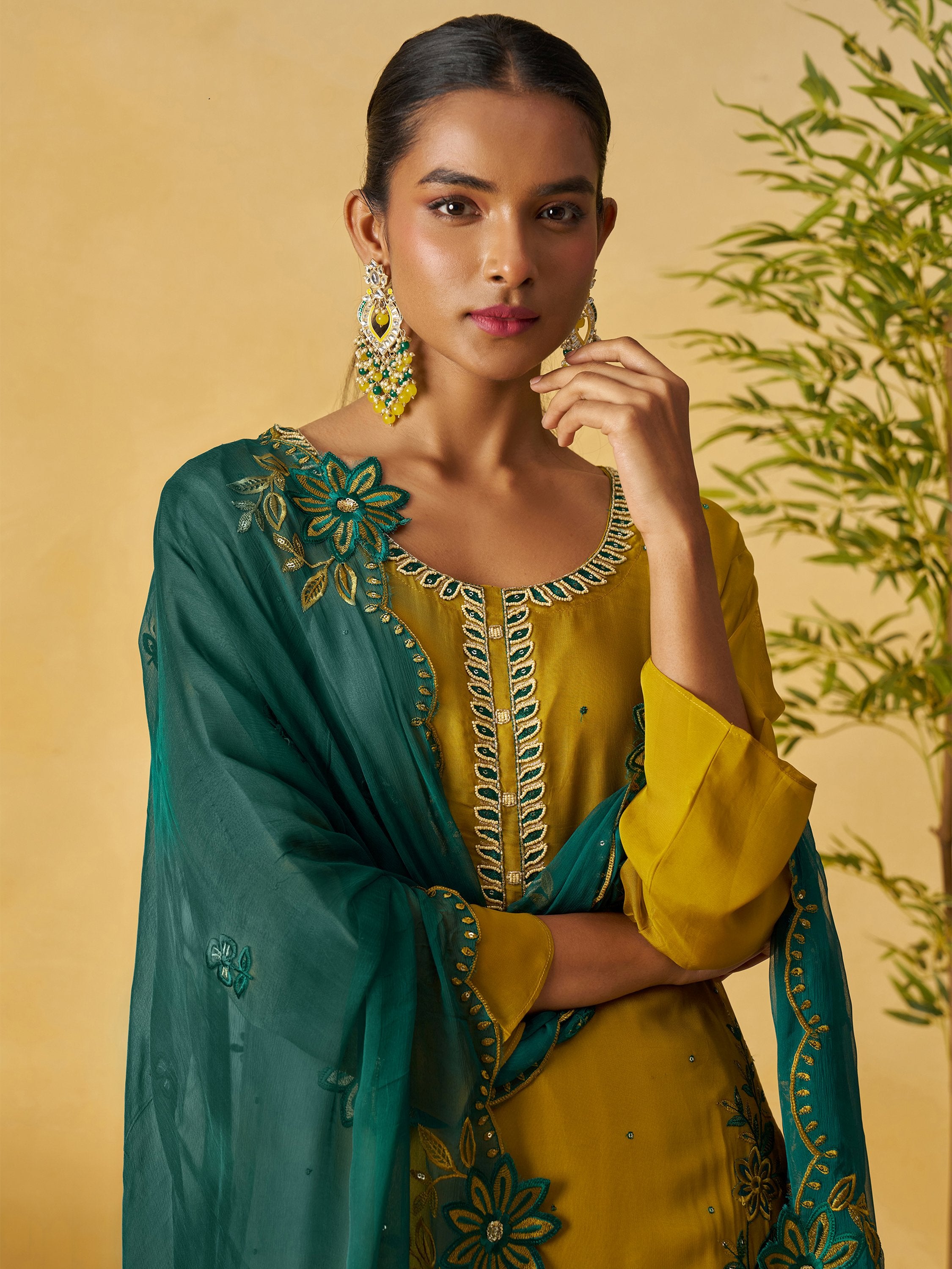 Captivating Yellow Embroidered Organza Festival Wear Palazzo Suit