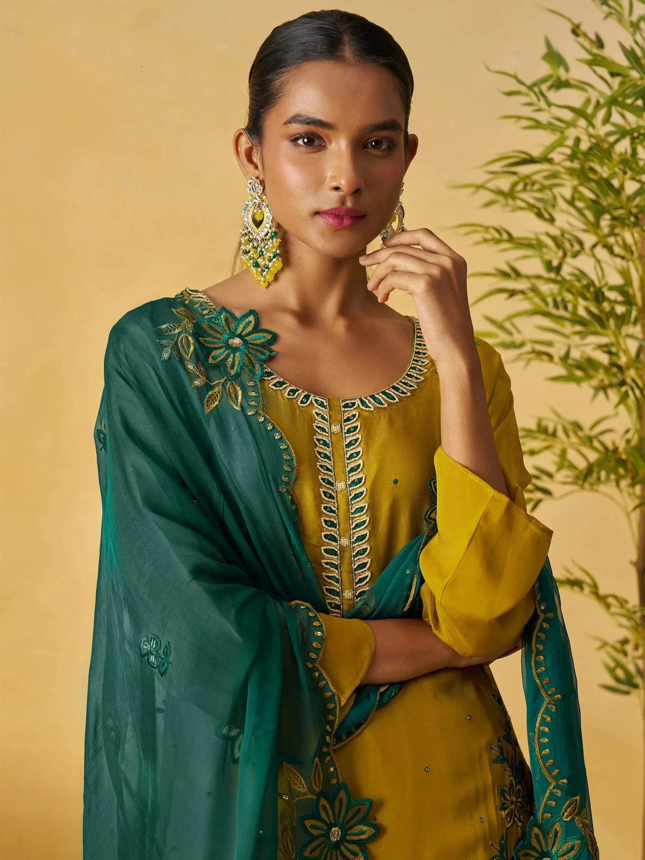 Captivating Yellow Embroidered Organza Festival Wear Palazzo Suit