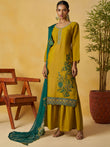 Captivating Yellow Embroidered Organza Festival Wear Palazzo Suit
