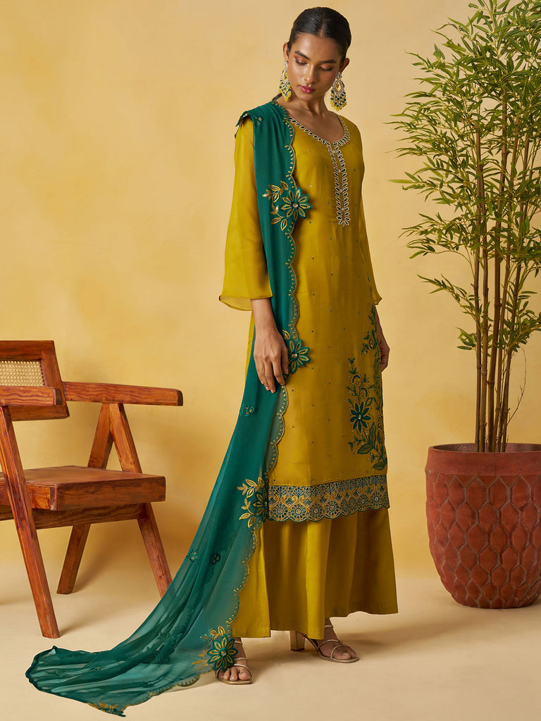 Captivating Yellow Embroidered Organza Festival Wear Palazzo Suit