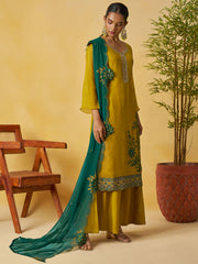 Captivating Yellow Embroidered Organza Festival Wear Palazzo Suit