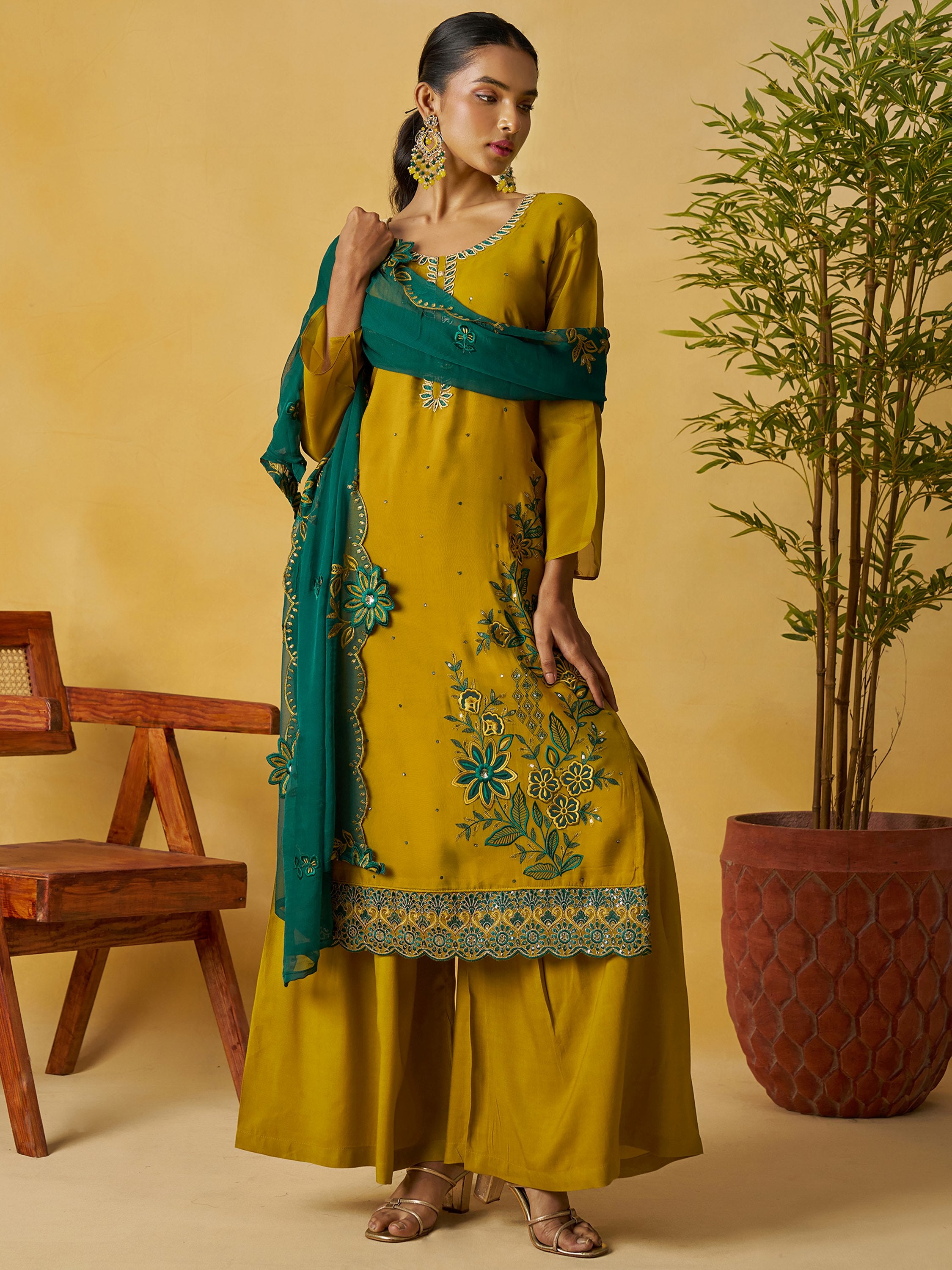 Captivating Yellow Embroidered Organza Festival Wear Palazzo Suit
