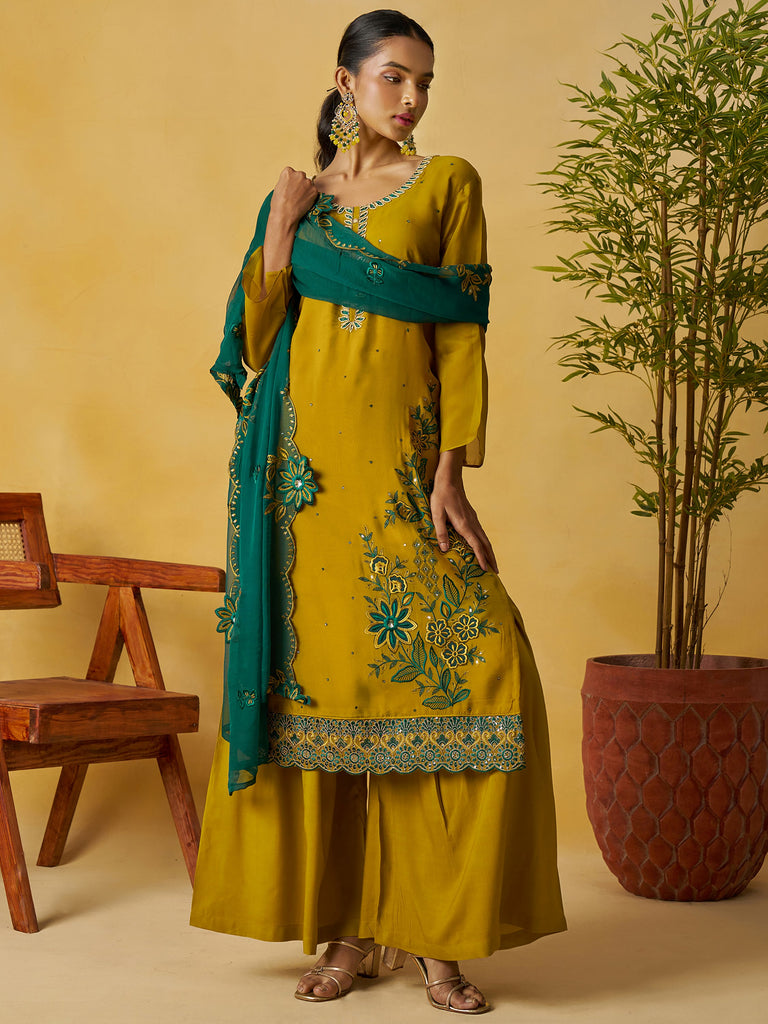 Captivating Yellow Embroidered Organza Festival Wear Palazzo Suit