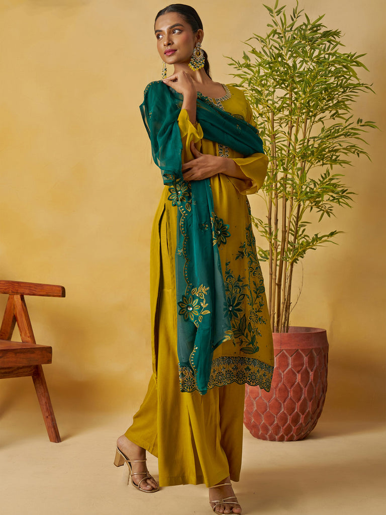 Captivating Yellow Embroidered Organza Festival Wear Palazzo Suit