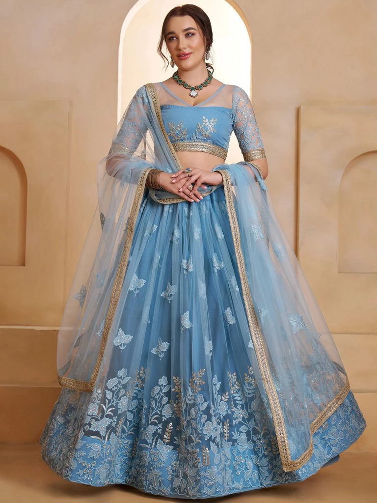 Dreamy Light Blue Sequins Net Reception Wear Lehenga Choli With Dupatta