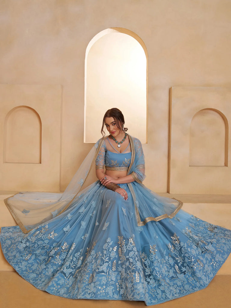 Dreamy Light Blue Sequins Net Reception Wear Lehenga Choli With Dupatta