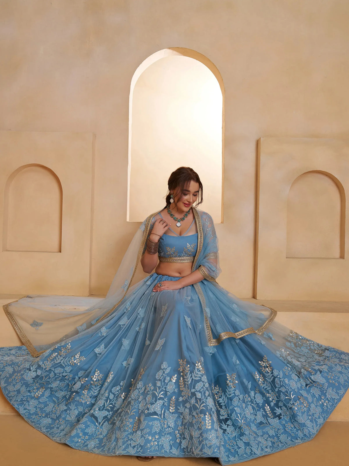 Dreamy Light Blue Sequins Net Reception Wear Lehenga Choli With Dupatta