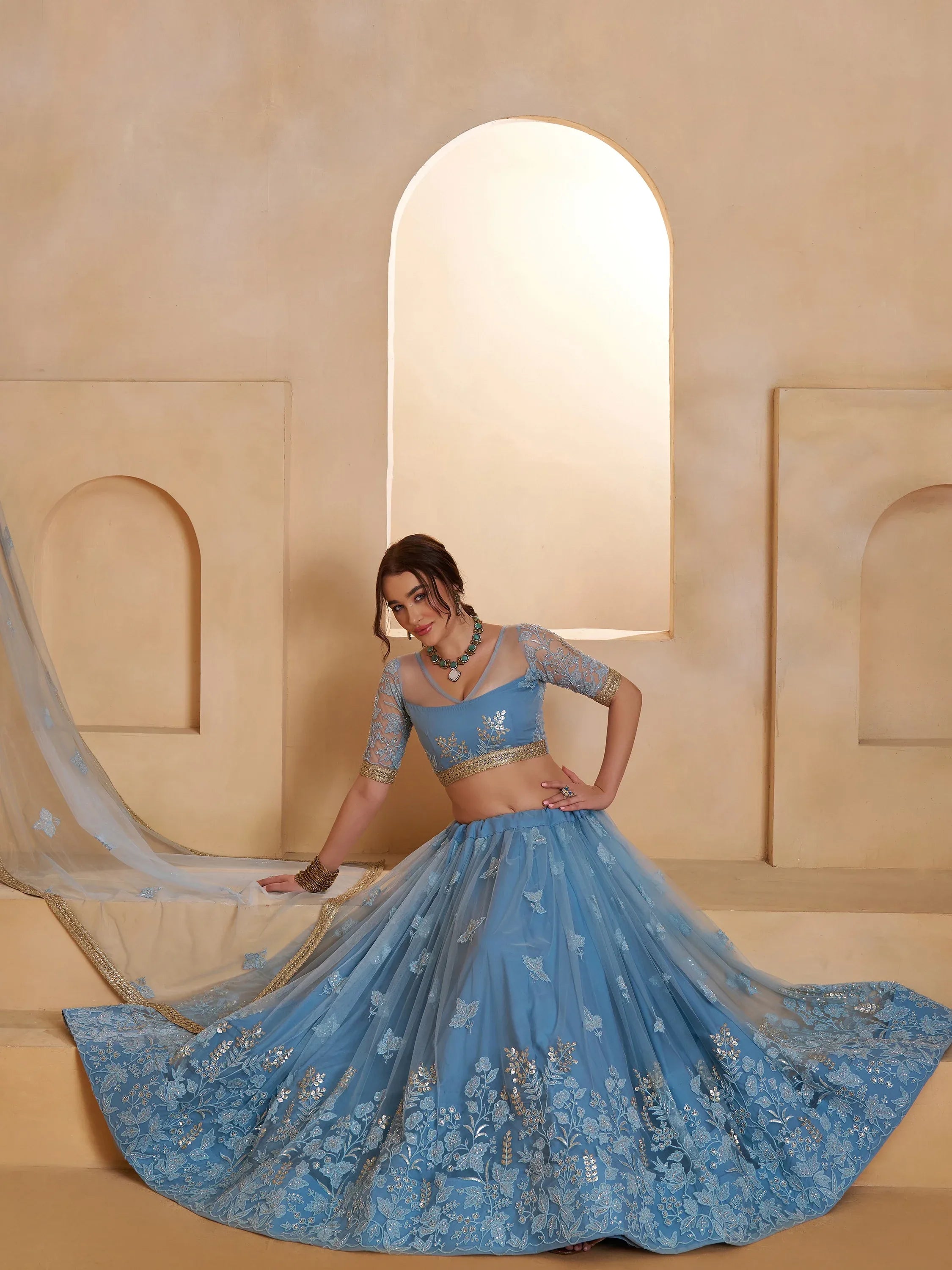 Dreamy Light Blue Sequins Net Reception Wear Lehenga Choli With Dupatta