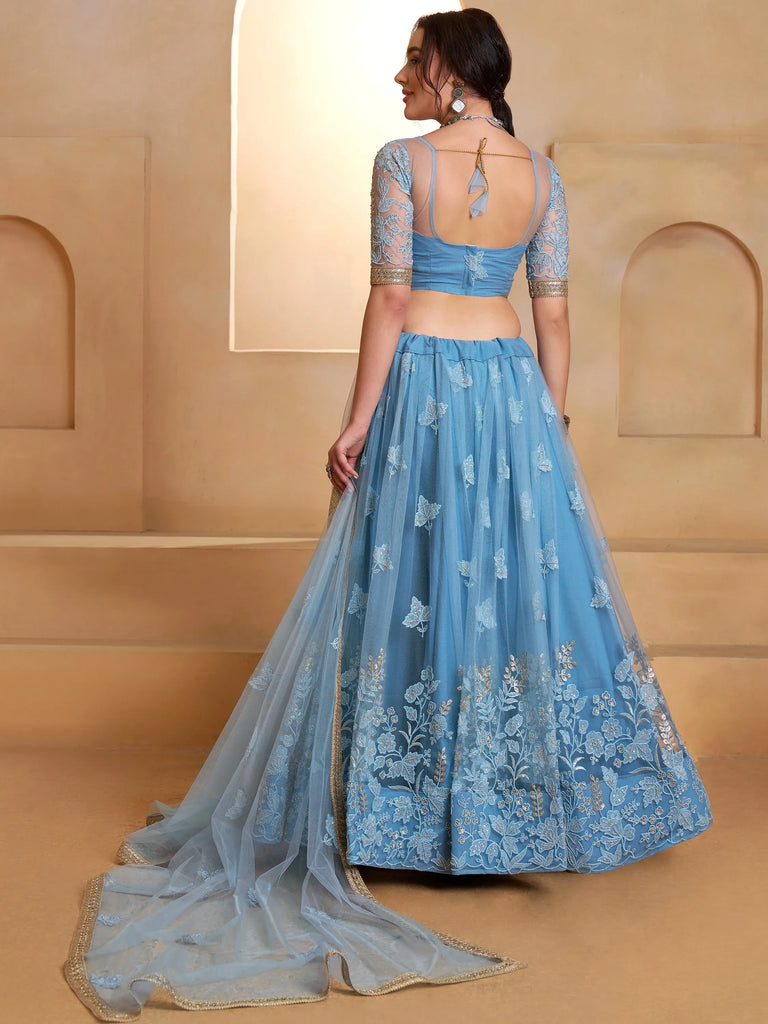 Dreamy Light Blue Sequins Net Reception Wear Lehenga Choli With Dupatta