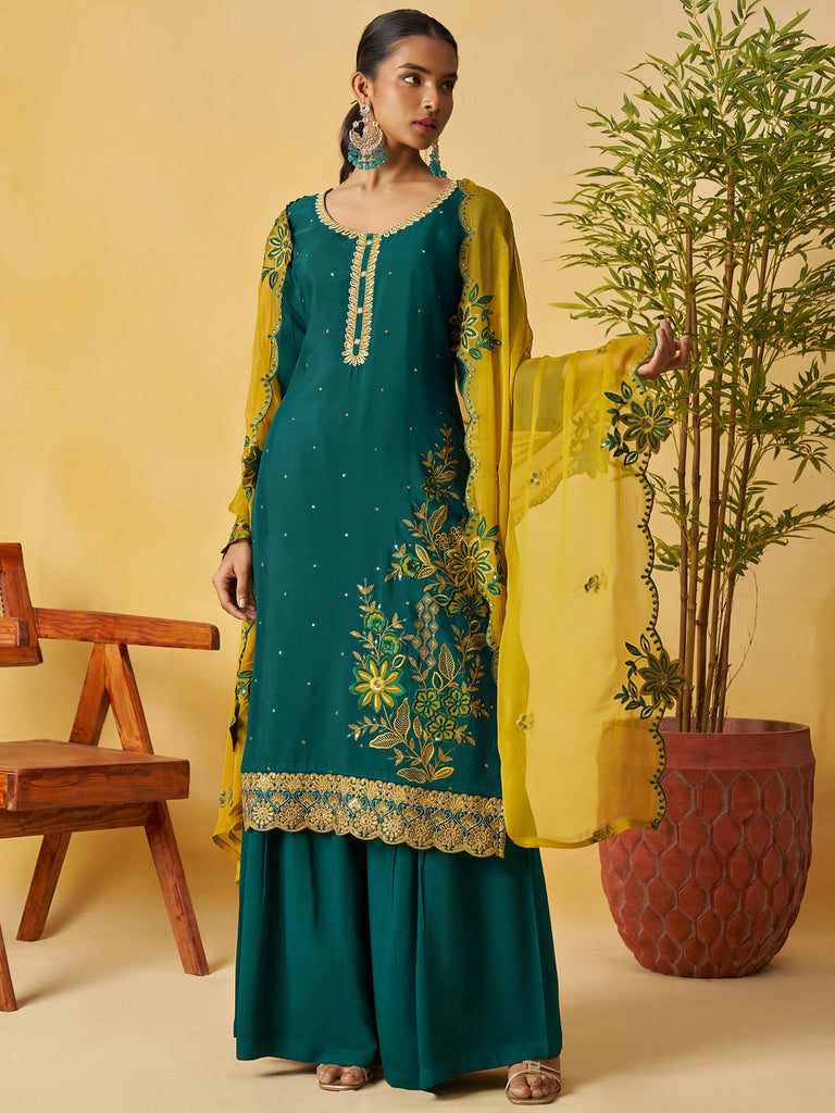 Glowing Green Embroidered Organza Function Wear Palazzo Suit
