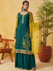 Glowing Green Embroidered Organza Function Wear Palazzo Suit