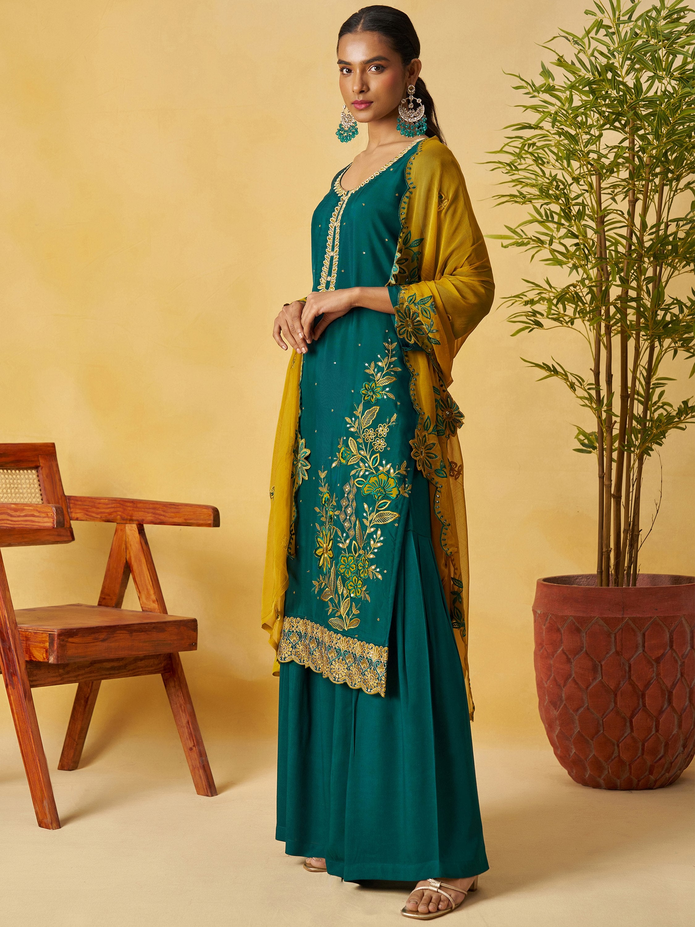 Glowing Green Embroidered Organza Function Wear Palazzo Suit