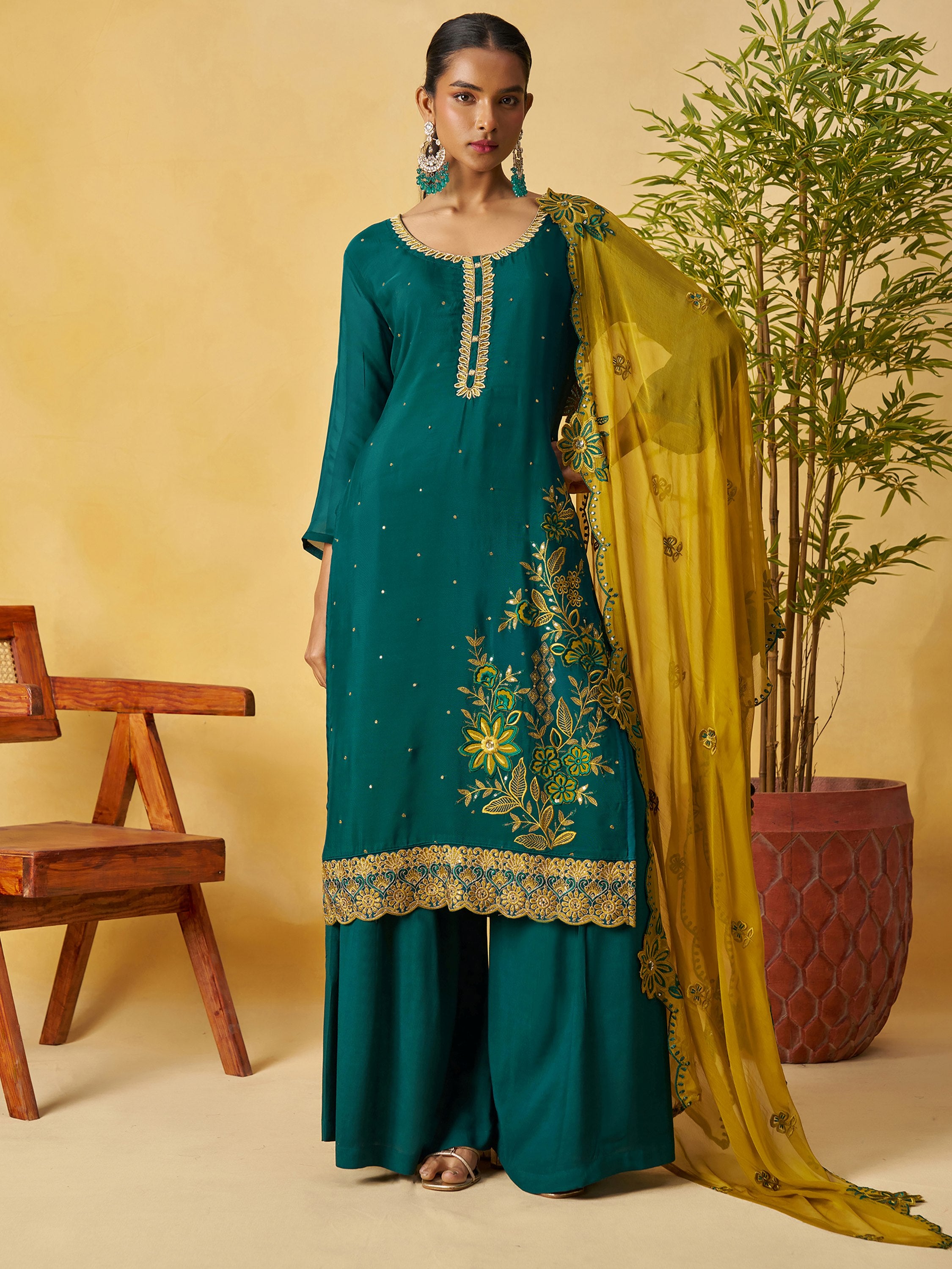 Glowing Green Embroidered Organza Function Wear Palazzo Suit