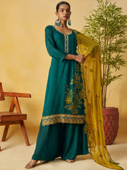 Glowing Green Embroidered Organza Function Wear Palazzo Suit