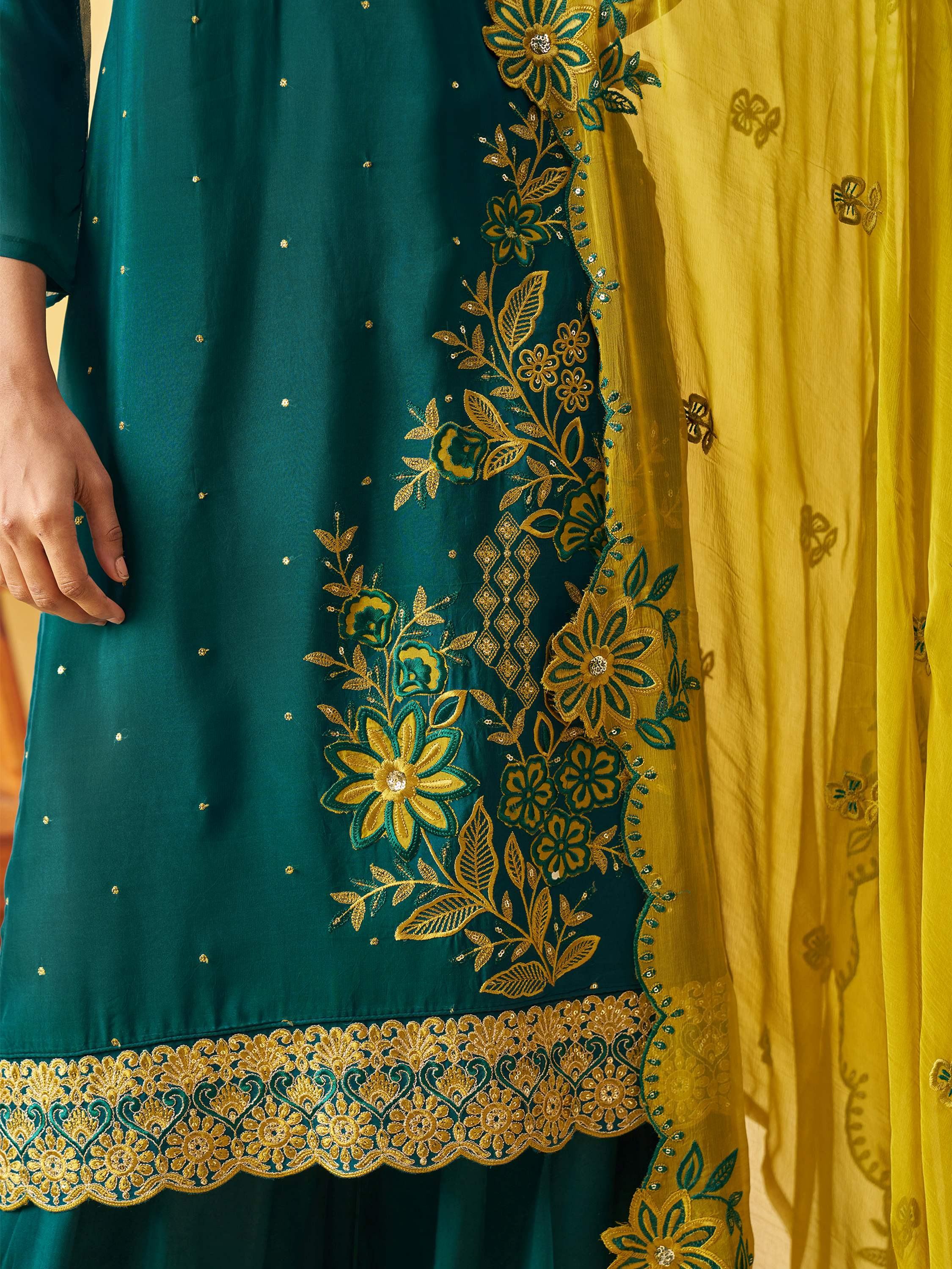 Glowing Green Embroidered Organza Function Wear Palazzo Suit