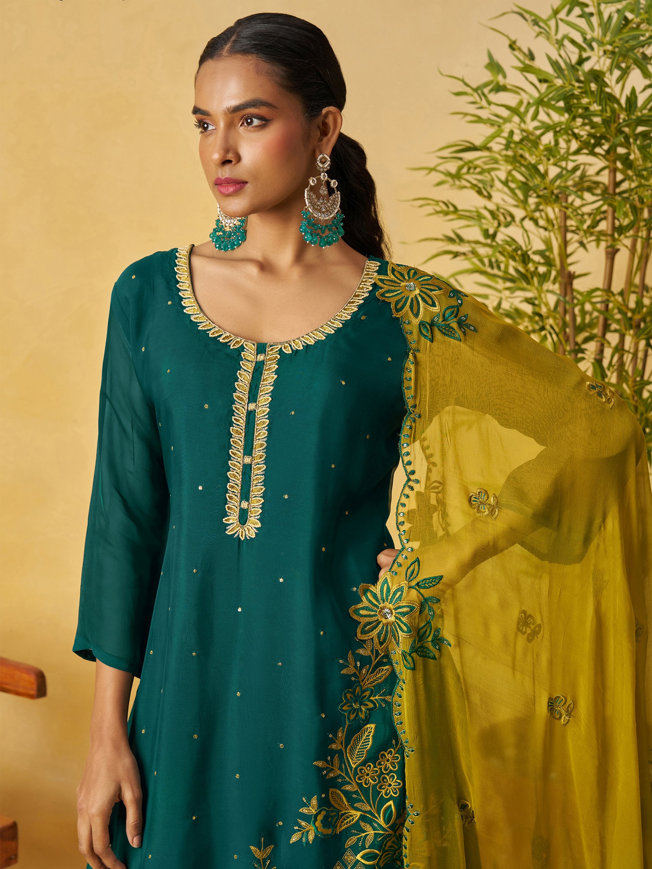 Glowing Green Embroidered Organza Function Wear Palazzo Suit