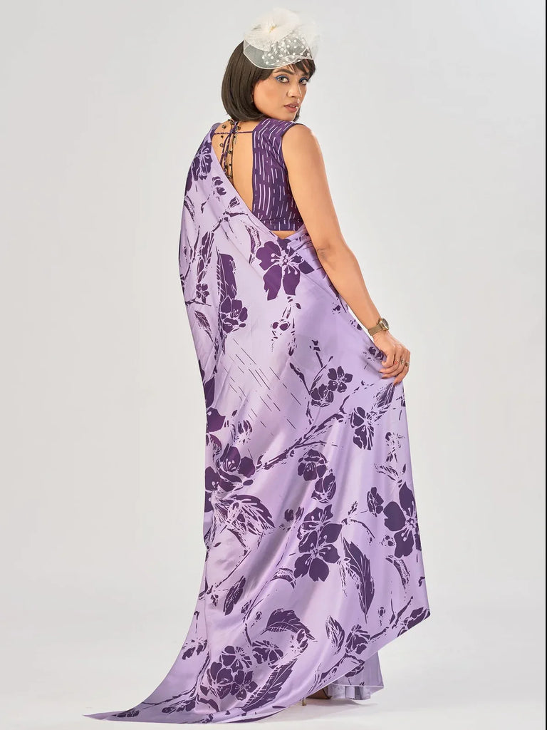 Glowing Lavender Flower Print Satin Festive Wear Saree With Blouse
