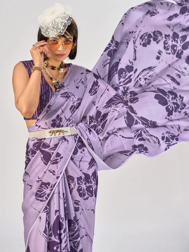 Glowing Lavender Flower Print Satin Festive Wear Saree With Blouse