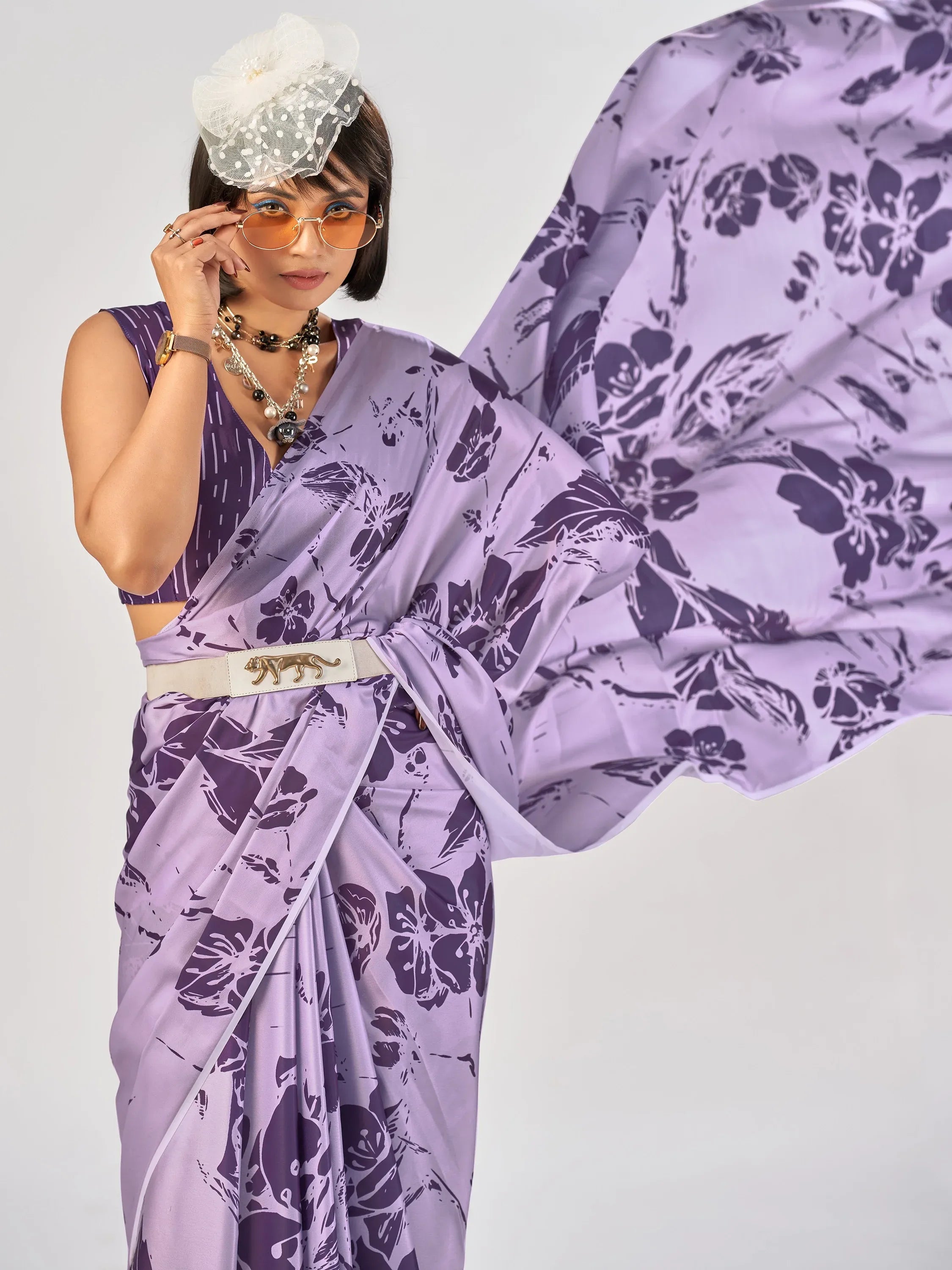 Glowing Lavender Flower Print Satin Festive Wear Saree With Blouse