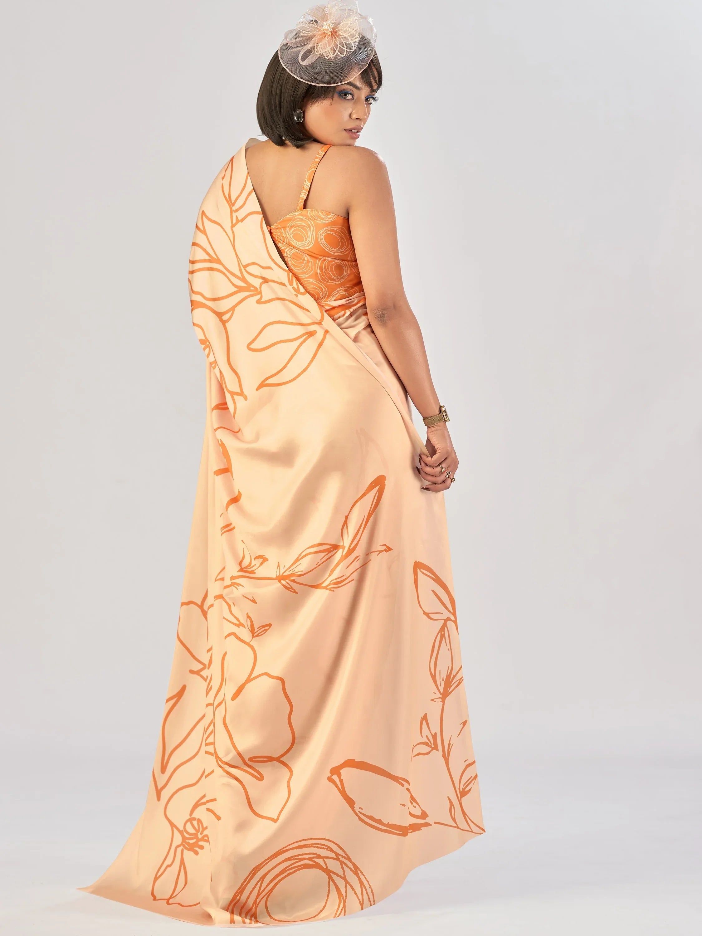 Beautiful Peach Printed Satin Casual Wear Saree With Blouse