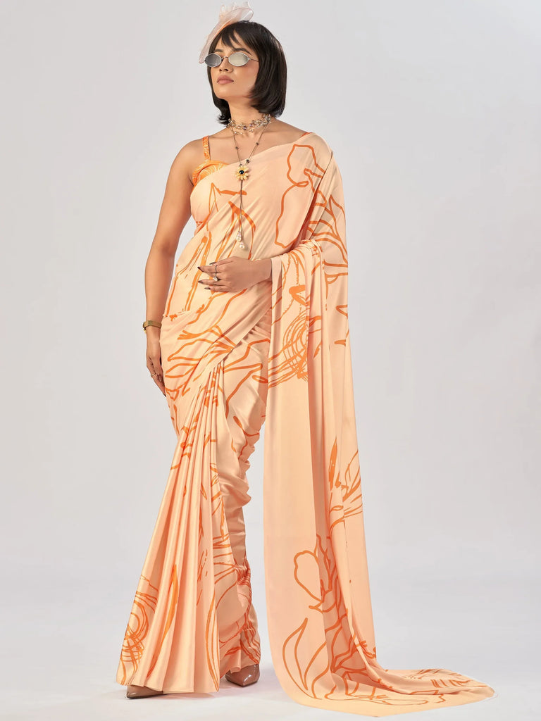 Beautiful Peach Printed Satin Casual Wear Saree With Blouse