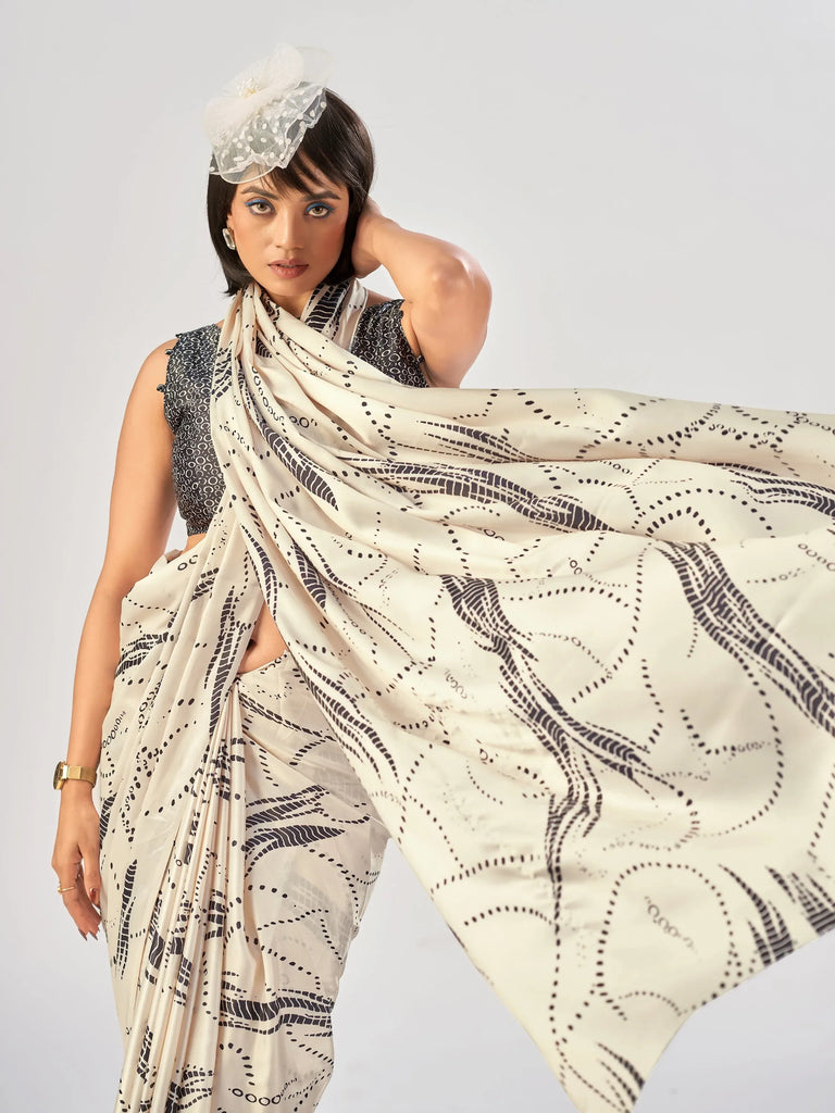 Stunning Off-White Printed Satin Daily Wear Saree With Blouse